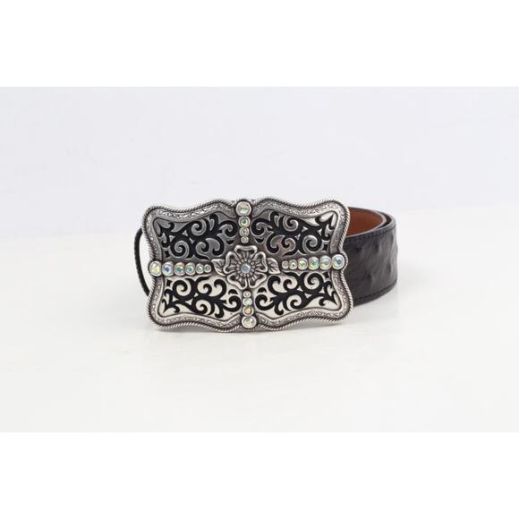 Vintage Black Leather Western Belt Ornate Silver Tone Buckle Size 32 Cowboy - Picture 13 of 16